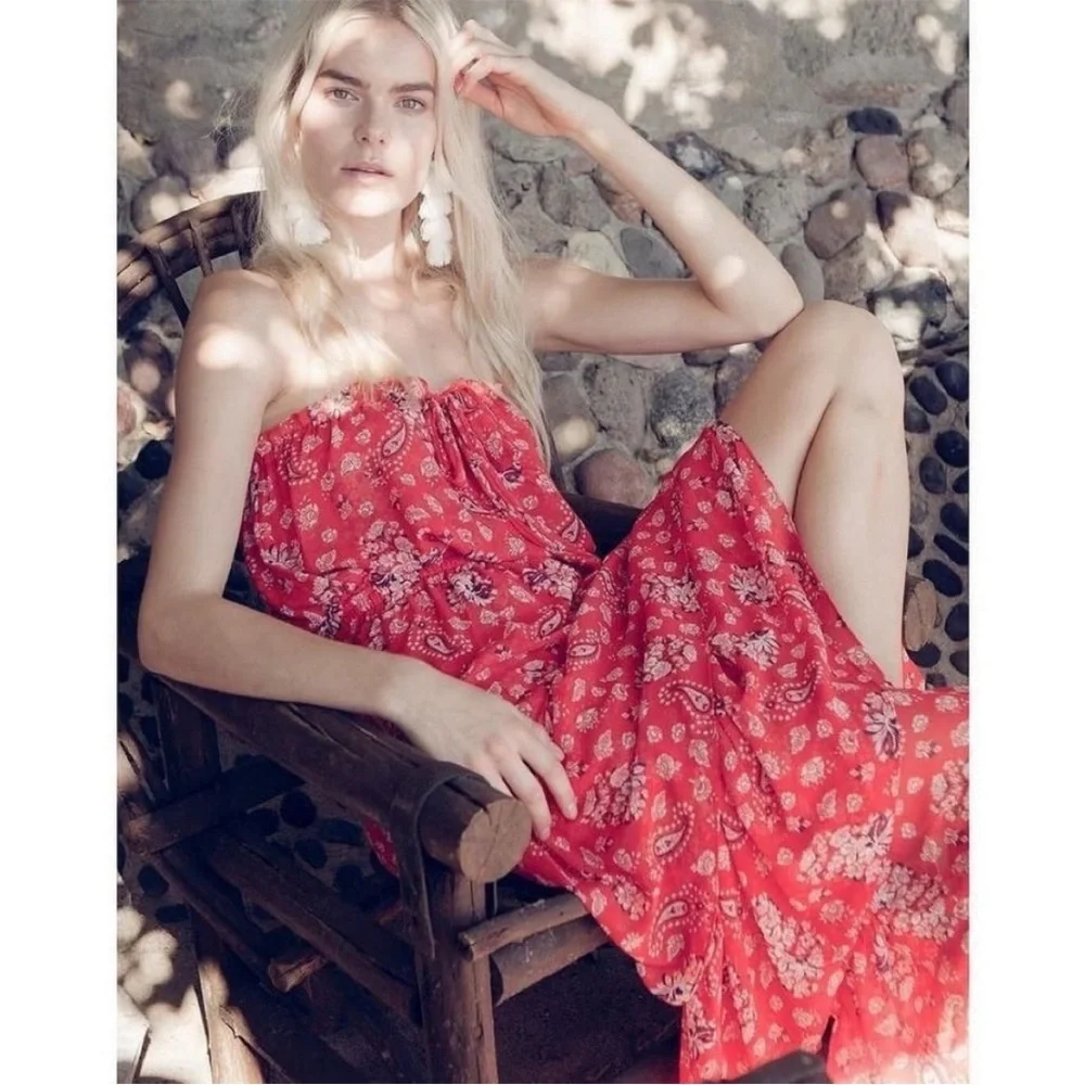 NEW MISA Los Angeles Halter Neck Ruffle Tiered Floral Maxi Dress Red Boho Summer - Picture 10 of 16